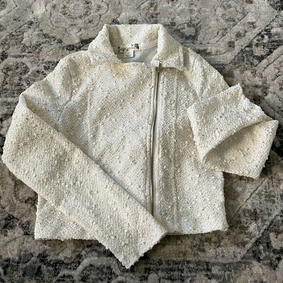 Knit Works Girls Ivory/Gold Zippered Twill Jacket Full Length Sleeve 192 - Picture 1 of 5